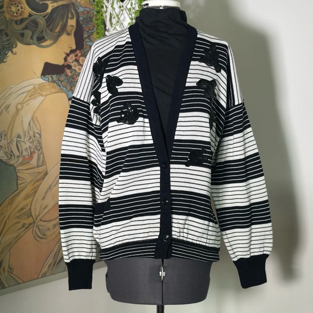 Vintage Escada Margaretha Ley Cardigan 38 US 8 Black Off‎ White Striped Sequin